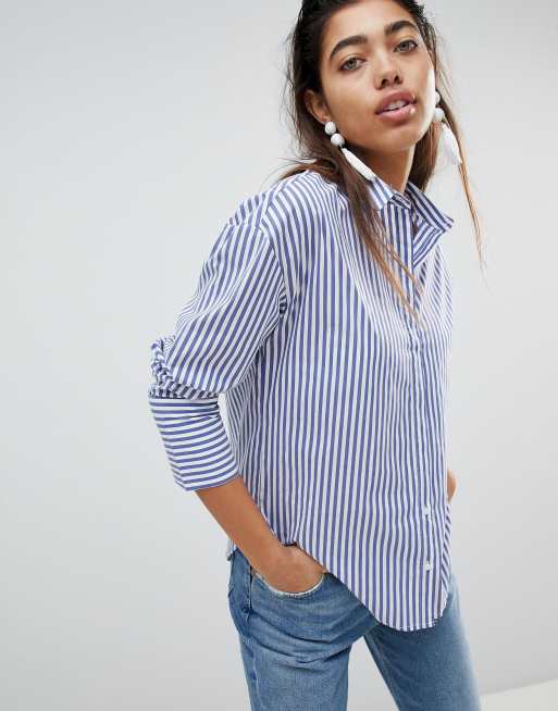 Mango Linen Striped Shirt Dress, White/Blue, 4