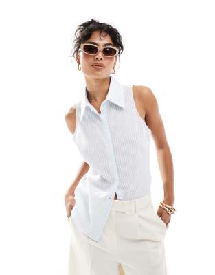 Mango Stripe Sleeveless Shirt In White And Blue
