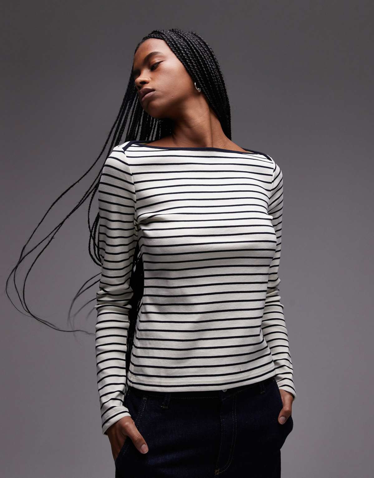 Mango striped boat neck long sleeve t-shirt in white