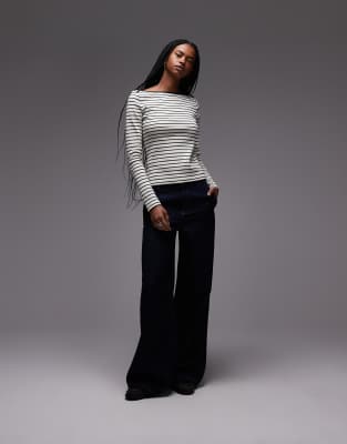 Shop Mango Striped Boat Neck Long Sleeve T-shirt In White