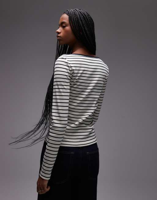 Mango striped boat neck long sleeve t-shirt in white, 4 of 4