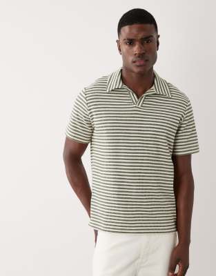 Mango Striped Camp Collar Knit T-shirt In Green