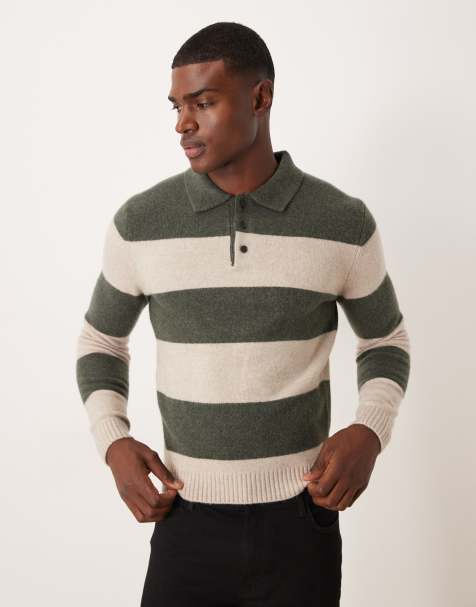 Mango striped knit polo sweater in dark green - view 1