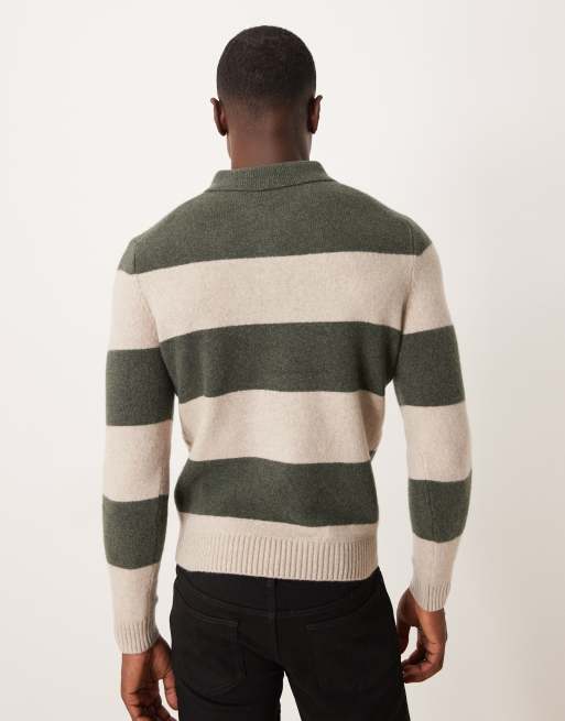 Mango striped knitted polo jumper in dark green, 3 of 5