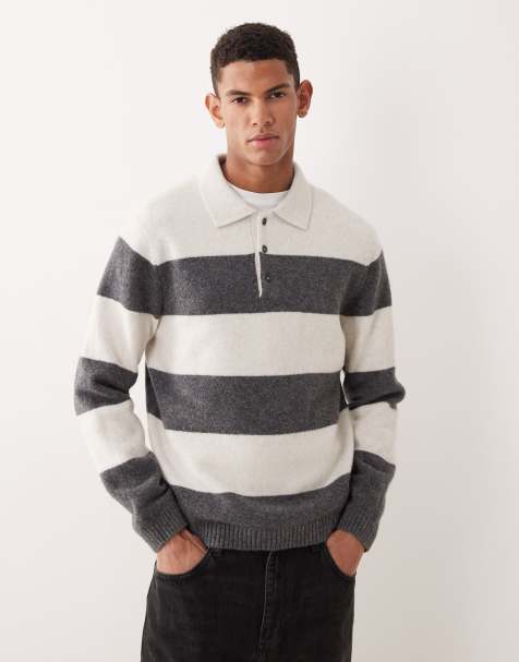 Mango striped knitted polo jumper in ecru
