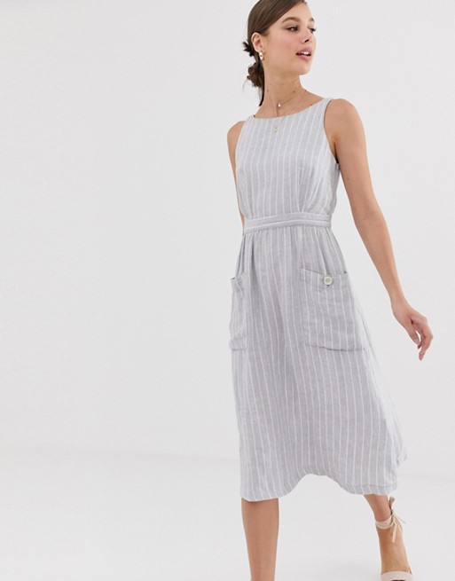 Mango striped linen dress with pockets in blue