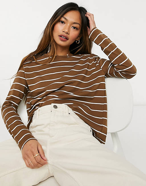Mango striped long sleeve T-shirt in brown | ASOS