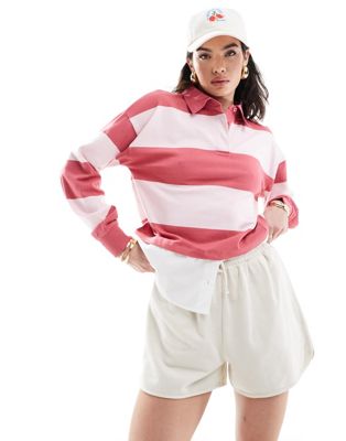 Mango Striped Polo Top In Pink