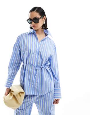 Mango Straight Leg Tie Waist Striped Pants In Blue - Part Of A Set In Blue