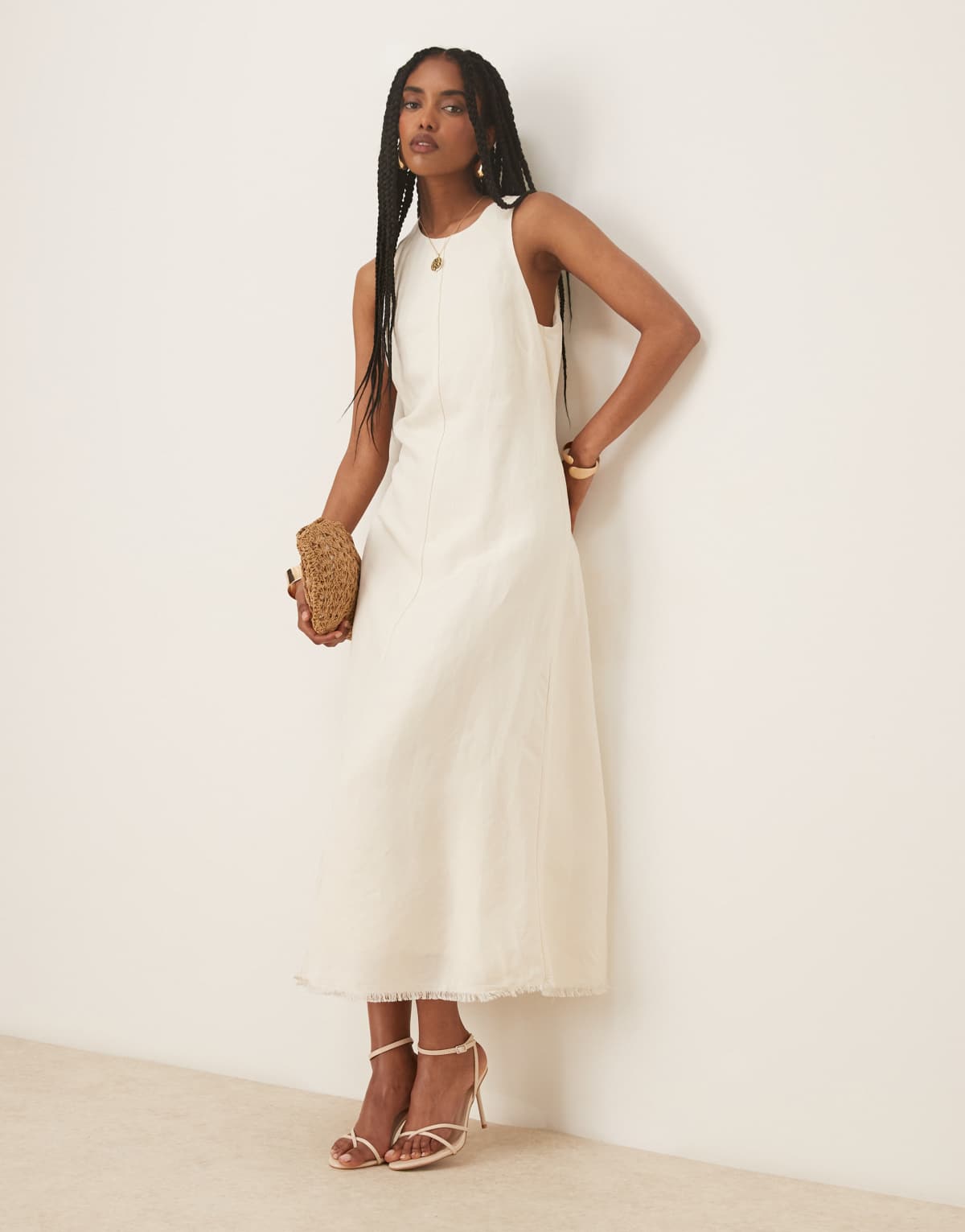 Mango structred linen mix midi dress with raw hem in cream