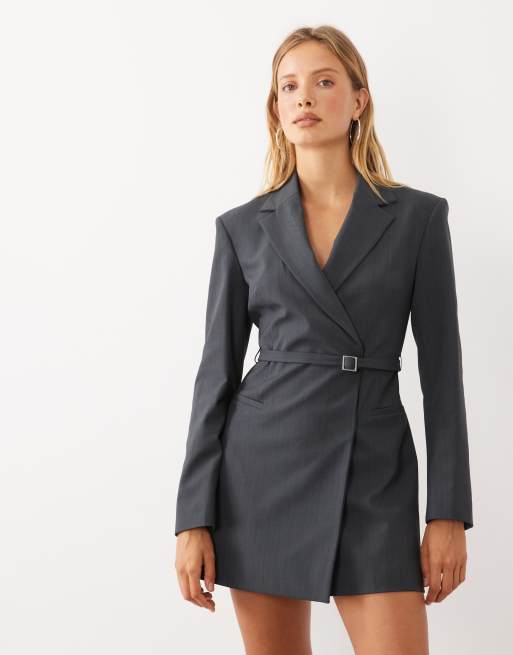 Mango structured blazer mini dress in grey pinstripe, 3 of 4