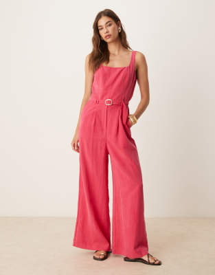 structured bodice belted pleat front jumpsuit in raspberry-pink