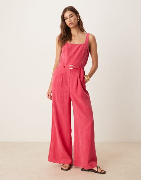 Mango structured bodice belted pleat front jumpsuit in raspberry - view 1
