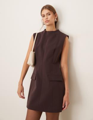 Mango Structured High Neck Sleeveless Tailored Mini Dress In Brown