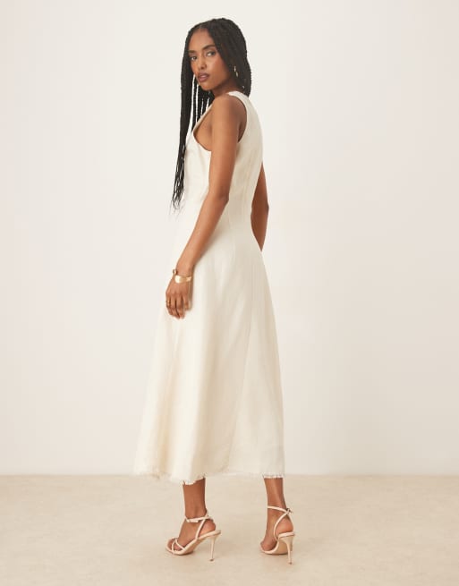 Mango structured linen mix midi dress with raw hem in cream | ASOS