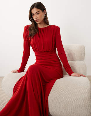 Mango Structured Long Sleeve Ruched Maxi Dress In Red