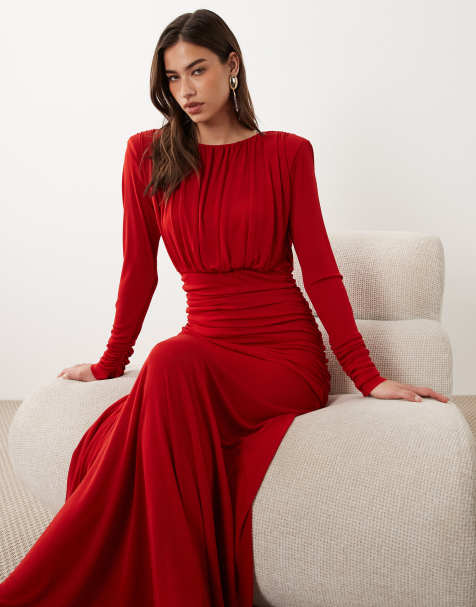 Mango structured long sleeve ruched maxi dress in red - view 1