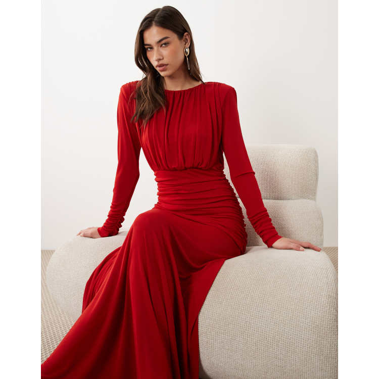 open lace back dress Norina Deep Red Satin Maxi Dress With Long Sleeves
