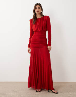 Mango Structured Long Sleeve Ruched Maxi Dress In Red