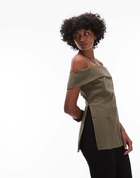Mango structured longline off the shoulder top in khaki green - view 1