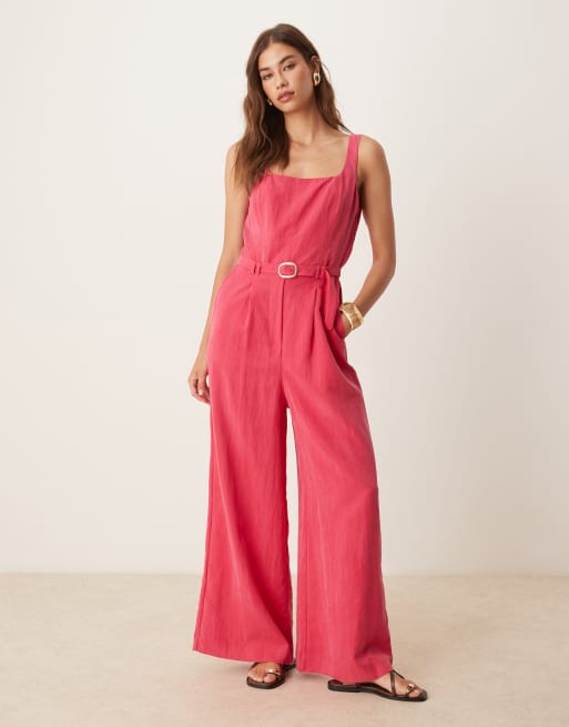 Mango structured panel bodice jumpsuite with pleat front and belted wasit detail in raspberry red