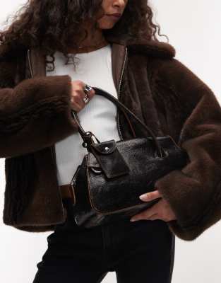 Mango - Strukturierte Bowlingtasche aus 100% Leder in Schokobraun-Schwarz