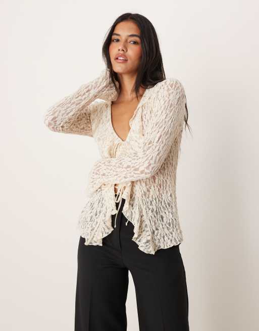 Mango – Strukturierte, langärmlige Bluse in Beige mit Rüschendetail, 2 von 4