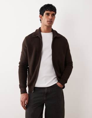 Strukturierte Strickjacke aus 100% Baumwolle in Schokobraun mit durchgehendem Reißverschluss-Brown Brown L