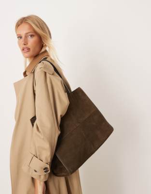 Mango - Strukturierte Tragetasche aus Wildleder in Khaki-Grün