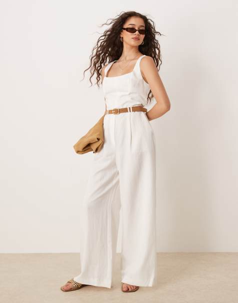 Mango – Strukturierter Jumpsuit in Weiß mit Bundfalten vorne und Gürtel - view 1