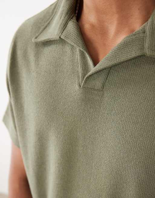Mango – Strukturiertes Strick-T-Shirt in Khaki mit hohem Baumwollanteil und Reverskragen, 3 von 5