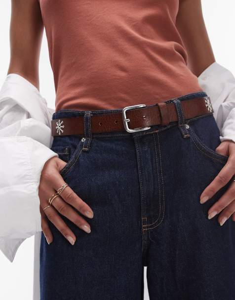 Mango stud detail leather belt in brown - view 1