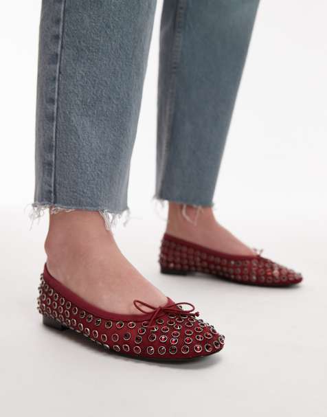 Mango studded bow front ballet pump in red - view 1