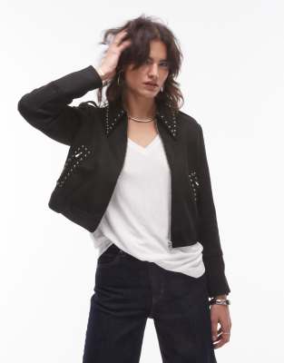 studded collar western jacket in black