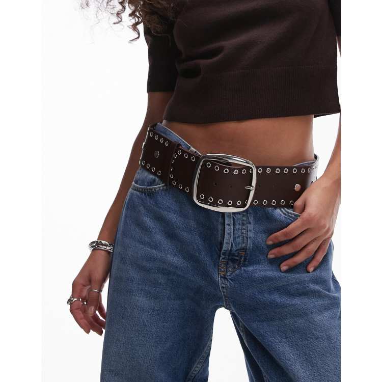 Mango studded edge large buckle belt in brown | ASOS display picture 1
