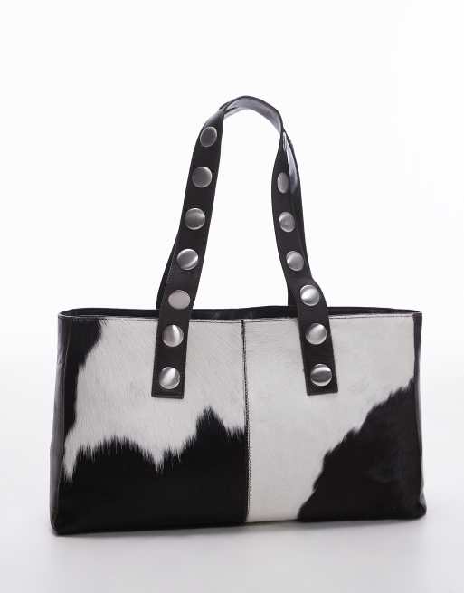 Mango studded strap leather cow print bag in brown ASOS