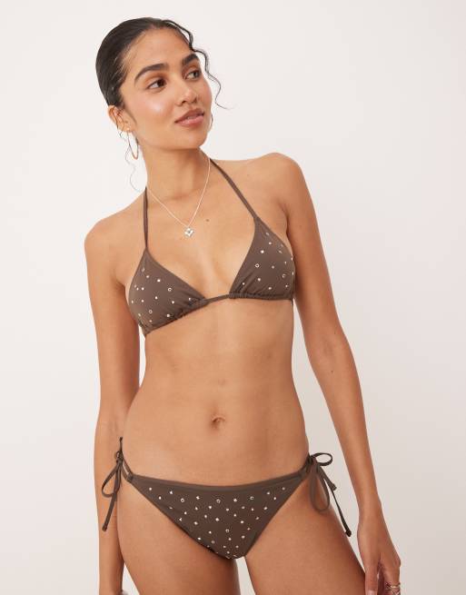 Mango studded triangle bikini top in chocolate, 2 of 4