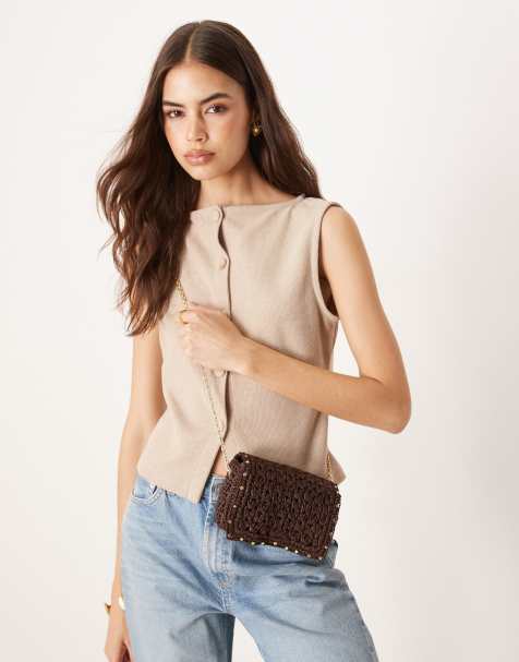 Mango studded woven cross body bag in chocolate brown - view 1