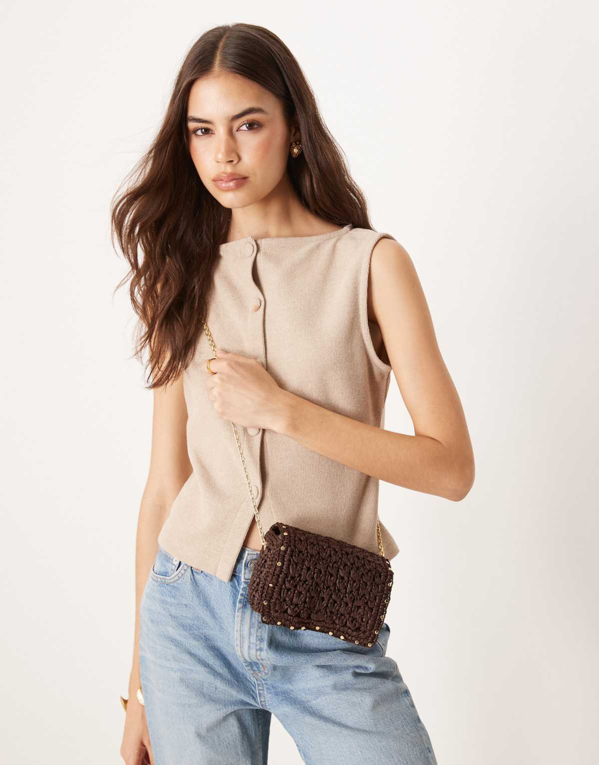 Mango studded woven cross body bag in chocolate brown