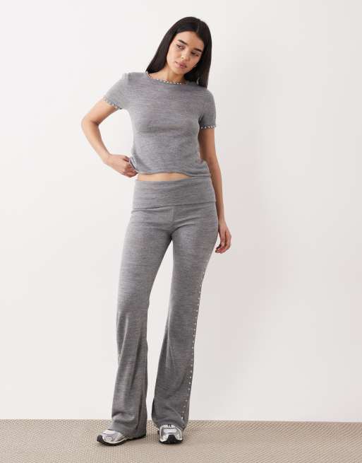 Mango - Studis - Coordinato in maglia grigia con top a maniche corte e pantaloni risvoltati con borchie