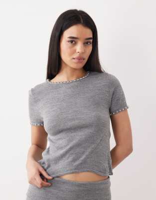 Mango Studis knit short sleeve top with studs in gray - part of a set gray 13490₽