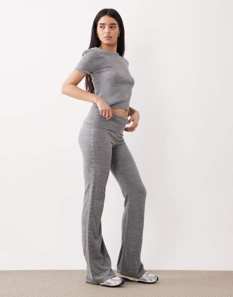 Mango Studis knitted fold over trouser with studs co-ord in grey