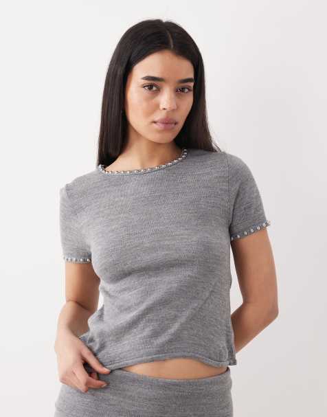 Mango Studis knitted short sleeve top with studs co-ord in grey