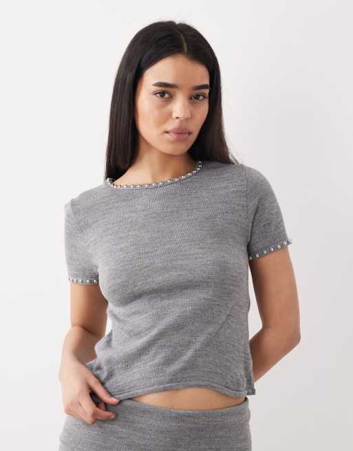 Mango - Studis - Top a maniche corte in maglia grigio con borchie in coordinato