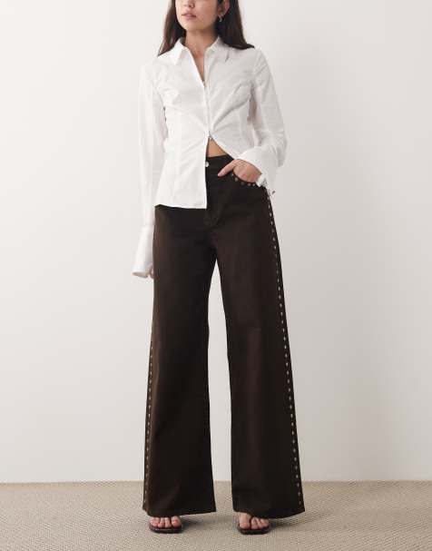 Mango Studs 100% cotton wide leg jean with studs in chocolate - view 1
