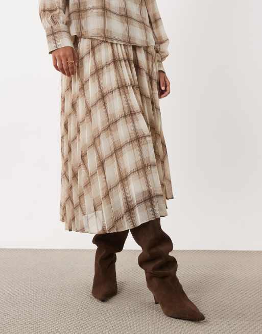 Mango Stut high neck long sleeve blouse & midi skirt co-ord in cream check print, 2 of 3