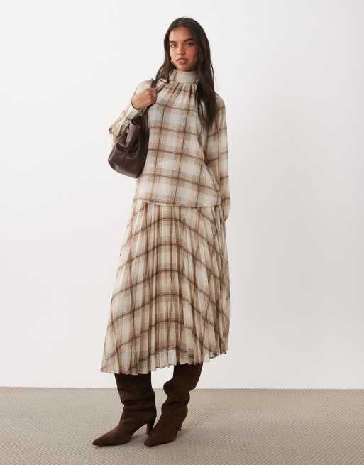 Mango Stut high neck long sleeve blouse co-ord in cream check print, 3 of 4