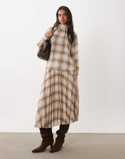 Mango Stut high neck long sleeve blouse & midi skirt co-ord in cream check print - view 1