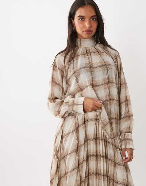 Mango Stut high neck long sleeve blouse set in cream check print - view 1