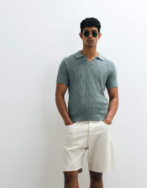 Mango - Støvet blå poloskjorte i fin strik med tekstur og retro design samt krave med hak - view 1